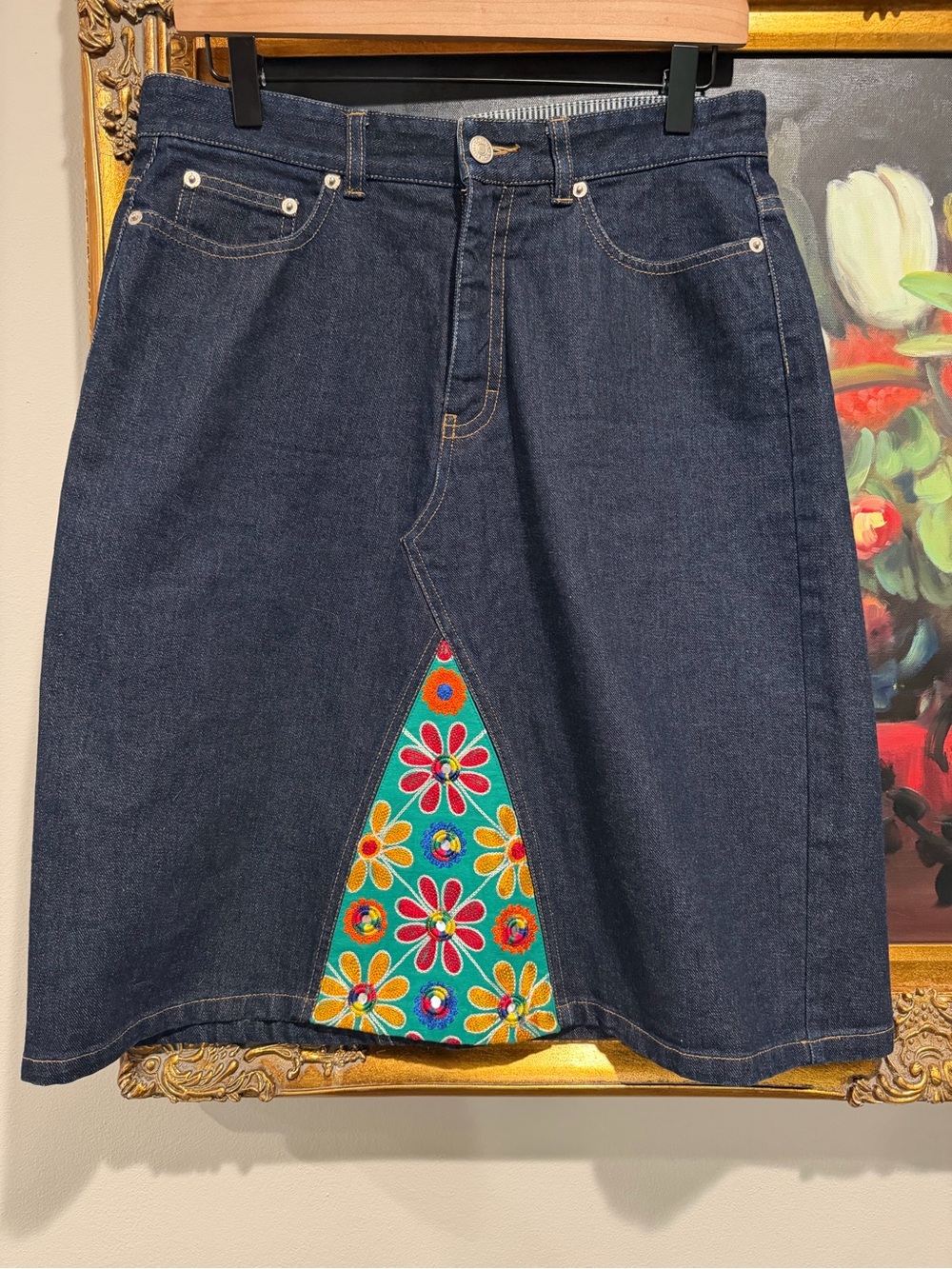Tommy Hilfiger Dark Blue Denim A-Line Skirt with Turquoise Floral Panel